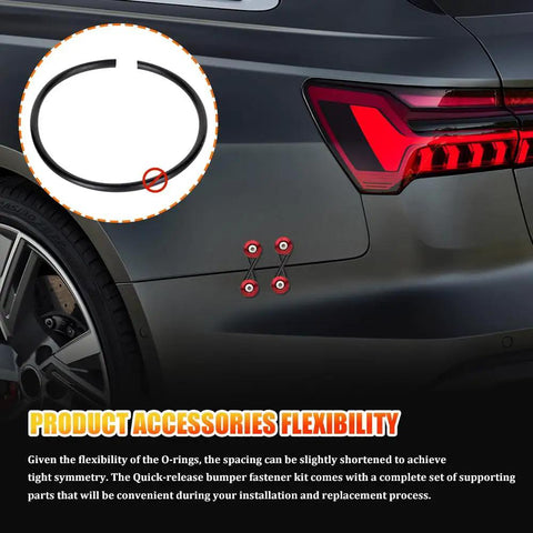Universal Car Bumper Clip Kit With Front And Rear Quick Release Tabs Durable Aluminum Alloy Bumper Holders For Cars includes O rings and bumper fasteners on a car rear view