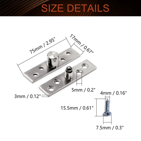 Hidden Door Pivot Hinge 75mm Stainless Steel 360 Degree Rotation For Hidden Doors Cabinets And Cupboards Brushed Silver Corrosion Resistant Durable High Quality Pack Of 10 MroMax, showing size details with measurements.