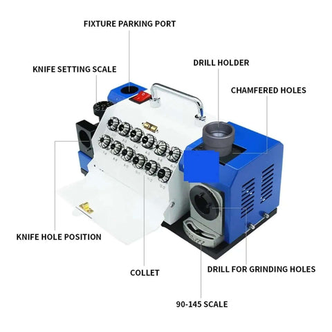 Image of Premium Twist Drill Bit Sharpener For 3 To 13MM Hss And Carbide Bits With 90 To 140 Degree Adjustable Angle showing features like drill holder and settings.