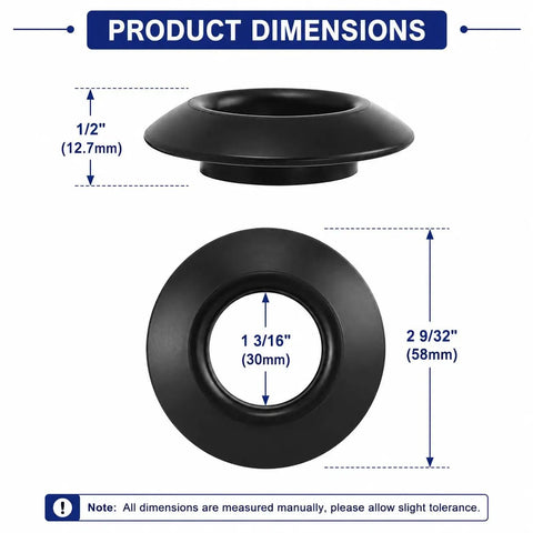 4 Pack Kayak Paddle Drip Rings Anti Slip Stop Collars black rubber dimensional view with size measurements