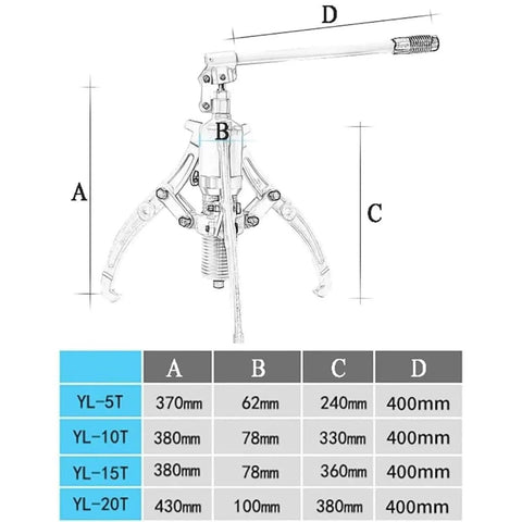 Heavy Duty Hydraulic Gear Puller 20 Ton With Adjustable 2 And 3 Jaw Vertical Or Horizontal Separator Tool, size chart visible