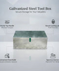 Durable Galvanized Steel Tool Box With Lock And Handle for workshop, truck bed, job site, showing features of lock and sturdy handle.