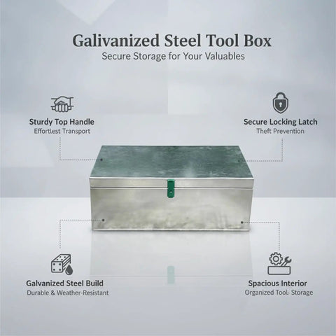 Durable Galvanized Steel Tool Box With Lock And Handle for workshop, truck bed, job site, showing features of lock and sturdy handle.