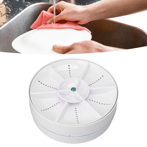 Slick Portable Countertop Mini Dishwasher Cordless Compact Sink Cleaner For Rv Apartments And Home Lightweight Fruit Veggies Washing Easy Setup No Sweat displayed with a hand washing a plate.