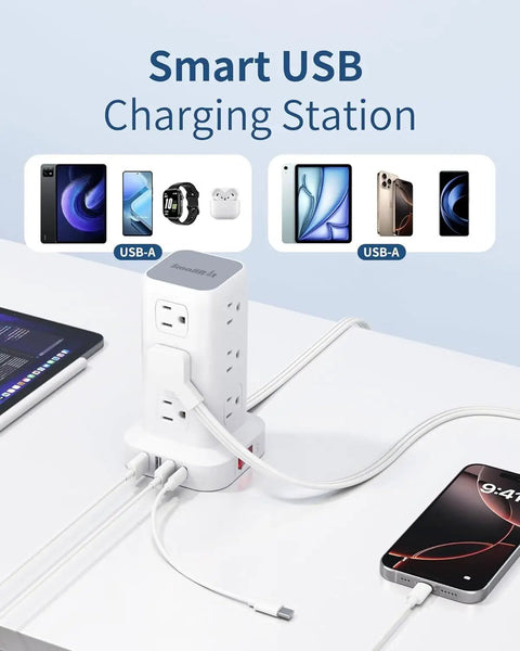 Dope 16 In 1 Tower Power Strip With USB C And USB A Ports, 12 AC Outlets, Flat Plug Surge Protector Extension Cord in use