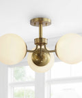 Brass Gold 3-Light Dope Mid Century Modern Semi Flush Mount Light With Frosted White Glass Globe Shade, LED Ceiling Fixture
