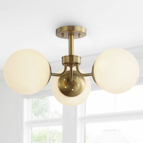 Brass Gold 3-Light Dope Mid Century Modern Semi Flush Mount Light With Frosted White Glass Globe Shade, LED Ceiling Fixture