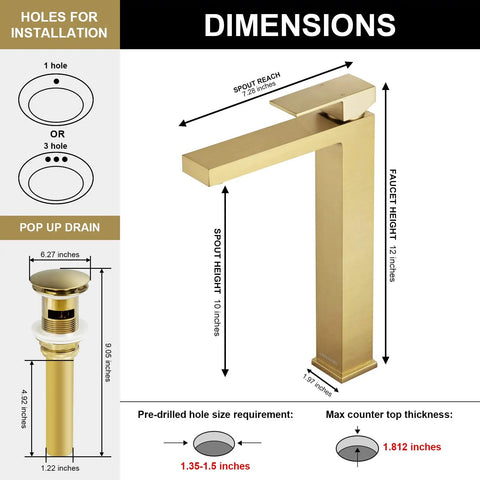 Gold Vessel Sink Faucet in Brushed Gold Finish, Tall Single Hole Bathroom Faucet With One Handle and Pop Up Drain