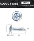 50Pcs No 10 X 3/4 Inch Phillips Head Self-Tapping Screws, Self-Drilling Flat Head Carbon Steel, shown with measurements