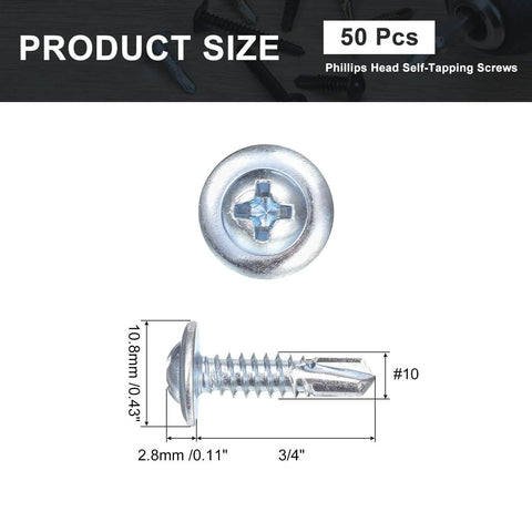 50Pcs No 10 X 3/4 Inch Phillips Head Self-Tapping Screws, Self-Drilling Flat Head Carbon Steel, shown with measurements