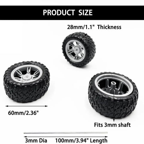4 Piece 60mm Toy Car Wheel Set With Rubber Tires And 3mm Shafts For RC Cars Trucks Robots And DIY Model Projects Rad Replacement Part For Hobbyists And Kid Builders Kit Builds featuring close-up details and dimensions