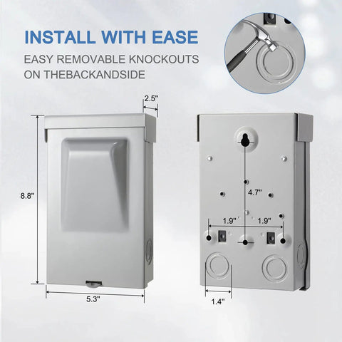 Heavy Duty 60 Amp Non Fused Disconnect Switch Box Weatherproof Nema 3R with easy removable knockouts dimensions shown.