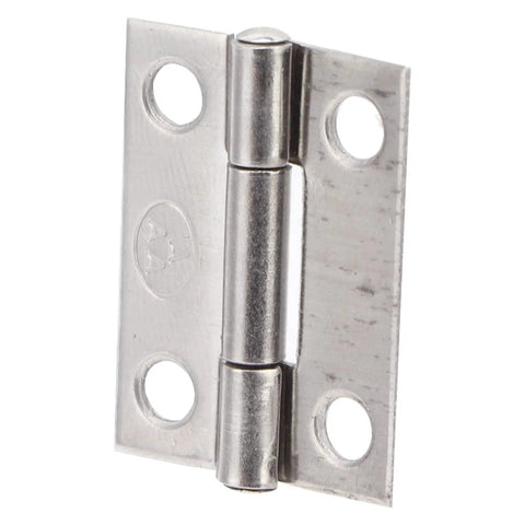 Close-up view of a single 1 inch 304 stainless steel butt hinge with four holes for marine boxes and cabinets.