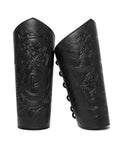 Badass Medieval Faux Leather Bracers Featuring Dragon And Viking Embossing, adjustable black arm cuffs with intricate designs.