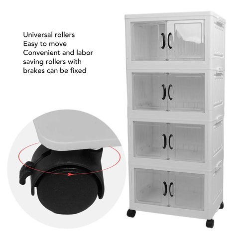 Heavy Duty Four Tier Wheeled Storage Cart With Lids Stackable Foldable Plastic Organizer Bins with universal rollers for easy movement.