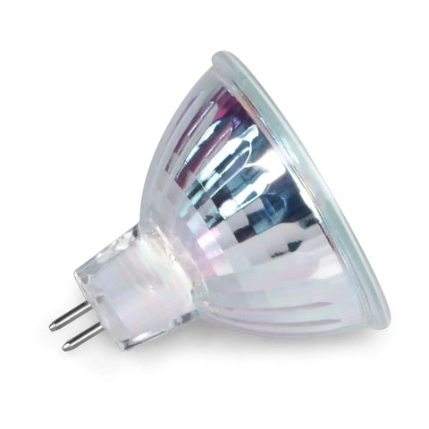 MR16 50W 12V Halogen Light Bulb With GU5.3 Base, 720 Lumens, Dimmable Spotlight side view with bi-pin base