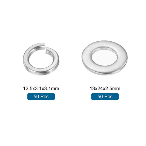 All In One M12 Stainless Steel Washer Kit, 100 Pieces Including 50 Split Lock Washers And 50 Flat Washers, 304 Grade Rust Resistant Hardware, White Finish, Heavy Duty DIY And Auto Projects. M12 stainless split lock and flat washers, 50 pcs each