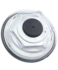 Clear round trailer bearing cap with black center plug; visible inside transparent housing