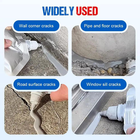Premium Concrete Crack Repair Adhesive For Driveways Patios And Garages Quick Set Crack Filler in use on various surfaces.