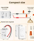 Dimmer Switch Kit With Remote For Two Hundred Watt Incandescent And One Hundred Fifty Watt LED Lighting No Fuss Remote Dimmer With Memory Function Flicker Free Easy Use For Seniors And Mobility Friendly Home compact 15A controller with wall switch, wiring diagram, and screws