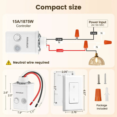 Dimmer Switch Kit With Remote For Two Hundred Watt Incandescent And One Hundred Fifty Watt LED Lighting No Fuss Remote Dimmer With Memory Function Flicker Free Easy Use For Seniors And Mobility Friendly Home compact 15A controller with wall switch, wiring diagram, and screws