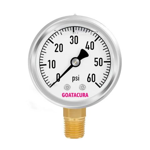 Glycerin Filled Pressure Gauge 0-60 PSI, 2 Inch Dial, 304 Stainless Steel Case, One Quarter Inch NPT Lower Mount for Water Air Hydraulic