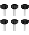 M6 X 15mm Threaded Knurled Thumb Screws With Round Plastic Clamping Knobs shown in a 6 pack, black carbon steel
