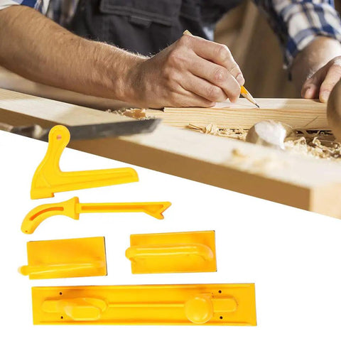 Five Piece Plastic Safety Push Block Set For Woodworking Router Tables And Household Use Includes Short Push Blocks Long Push Block V Stick Push Stick With Rubber Bottoms For Stable Accurate Workpiece Handling, shown in yellow with a person woodworking in background.