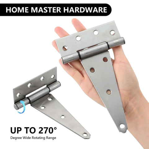 Front view of Home Master Hardware 6-inch stainless steel gate hinge set, 4-pack for wooden fences