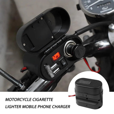 Dual USB Charger Socket 5 Volt 3 Amp 4 In 1 Motorcycle Handlebar Clamp Power Adapter With Clock Lighter Socket and Voltmeter