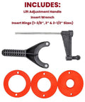 Rout-R-Lift 3 5XT Router Lift System Built Tough includes lift adjustment handle, insert wrench, and insert rings in various sizes.
