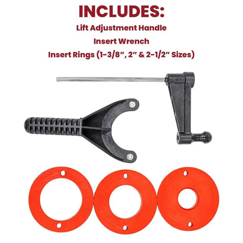 Rout-R-Lift 3 5XT Router Lift System Built Tough includes lift adjustment handle, insert wrench, and insert rings in various sizes.