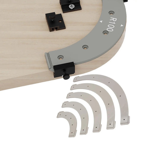 Boss Level Router Radius Template Set With Removable Jig For Flawless Edge Rounding R100 R150 R200 R250 R300 showing R100 template and jigs on wood surface.