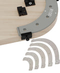 Hella Spot On Corner Radius Templates And Woodworking Router Jig Set For Smooth Inside Outside Cabinet Table Routing Aids in Plastic with R100 radius guide.