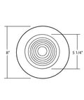 Six Inch White Recessed Shower Ceiling Trim With Glass Fresnel Lens Fits Standard 6 Inch Can Housing dimensions 8 inch and 5.25 inch opening.