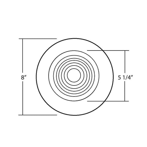 Six Inch White Recessed Shower Ceiling Trim With Glass Fresnel Lens Fits Standard 6 Inch Can Housing dimensions 8 inch and 5.25 inch opening.