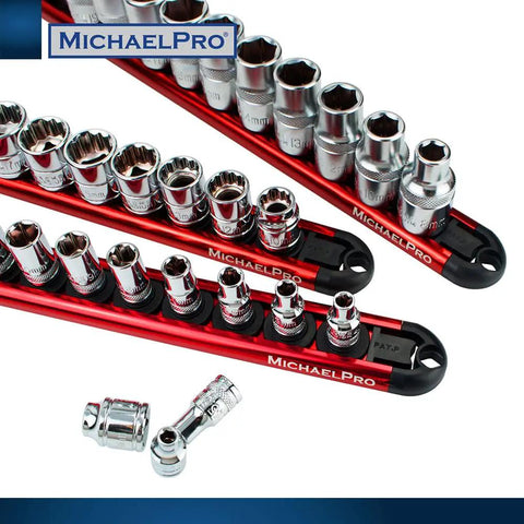 Heavy Duty Aluminum Socket Organizer Rail Set for One Quarter Inch Drive Sockets, Three Eighths Inch Drive Sockets