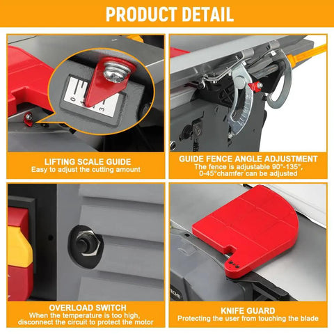 10 Inch Benchtop Planer Jointer Combo With Heavy Duty Stand 13 Amp Thickness Planer details including lifting scale, overload switch, and knife guard.