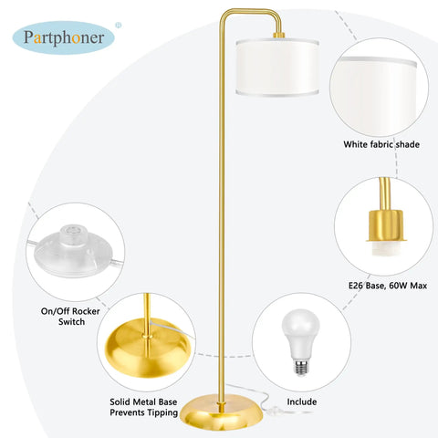 LED Floor Lamp With 3 Color Temperatures And Foot Switch, Tall Gold Standing Lamp For Living Room, 9W E26 Bulb Included