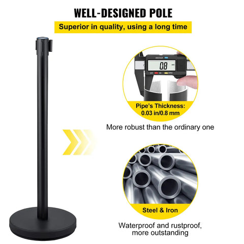 Detail of Stanchion Set With 6.6 Ft Black Retractable Belt For Crowd Control, featuring rustproof steel pole and concrete base