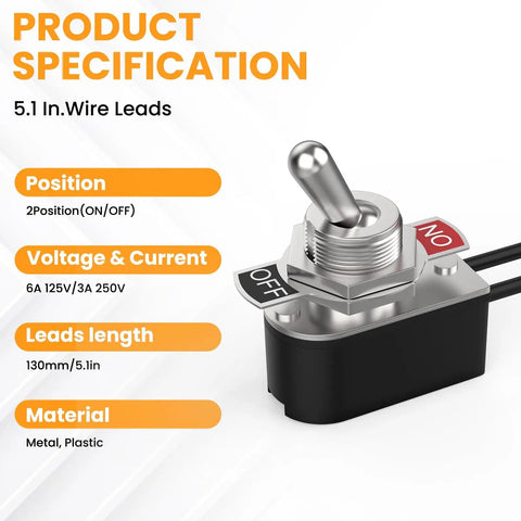 4 Pack Beefy Heavy Duty SPST Toggle Switch Kit With 5.1 Inch Cable, 6A At 125V And 3A At 250V, metal body switch close-up