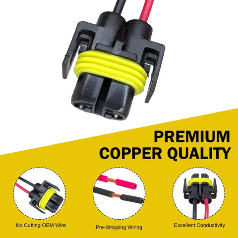 H11 Car Light Socket Connector Set with premium copper quality, featuring a black and yellow pigtail adapter for vehicle lighting.