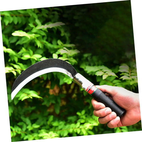 Manganese Steel Sickle Set With Ergonomic Handle, close-up of single sickle in hand against greenery, showcasing curved blade.