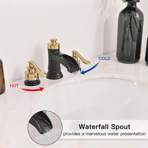 Brushed Nickel Waterfall Widespread Bathroom Faucet 8 Inch, two handle, 3 hole lavatory tap with flowing water spout