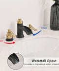 Widespread 8 Inch Bathroom Faucet In Black And Gold, 3 Hole Sink Mixer With Two Handles shown on a marble sink