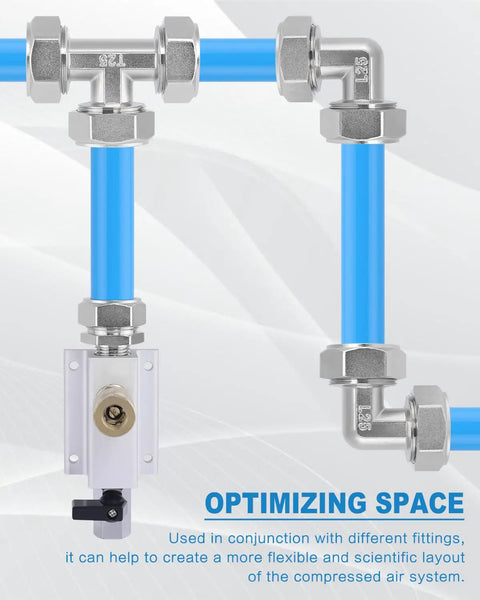 Two Pack Three Quarter Inch Brass Nickel Plated Elbow Air Fittings With Quick Connect Beefed Up Pro Grade Quality 200 PSI Working Pressure Heavy Duty Shop And Garage Air Line System Kit installed on blue piping.