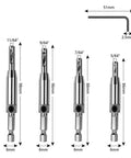 4-piece set of self-centering hinge-tapper drill bits for hinge holes: 5/64, 7/64, 9/64, 11/64 in for woodworking hinges