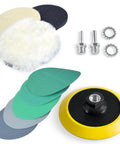 DIY Friendly Glass, Epoxy, And Resin Sanding And Polishing Kit with wool felt buffing pads, green film sandpaper, and backing plate.