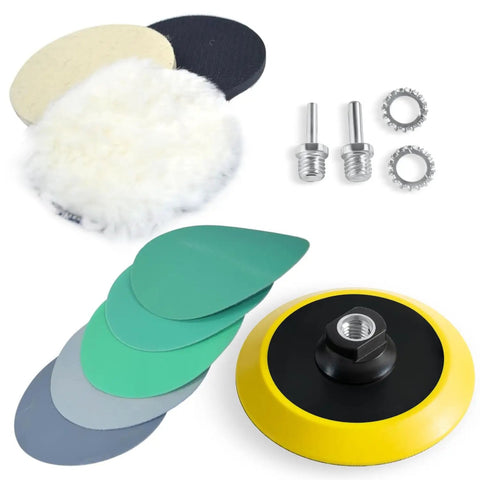 DIY Friendly Glass, Epoxy, And Resin Sanding And Polishing Kit with wool felt buffing pads, green film sandpaper, and backing plate.