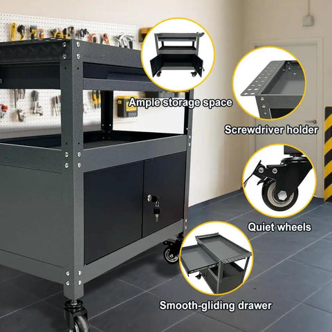 Steel Rolling Tool Cart With Lockable Cabinet And Drawer, Pro Grade Heavy Duty Utility Cart On Wheels For Garage Auto Shop